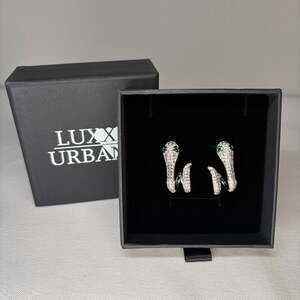 Luxx Urban Silver Pave Cubic Zirconia Snake Earrings with Green Eyes